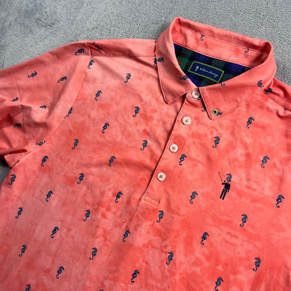 William Murray Golf Seahorse Polo Shirt Mens Medium Coral‎ Pink Tie Performance